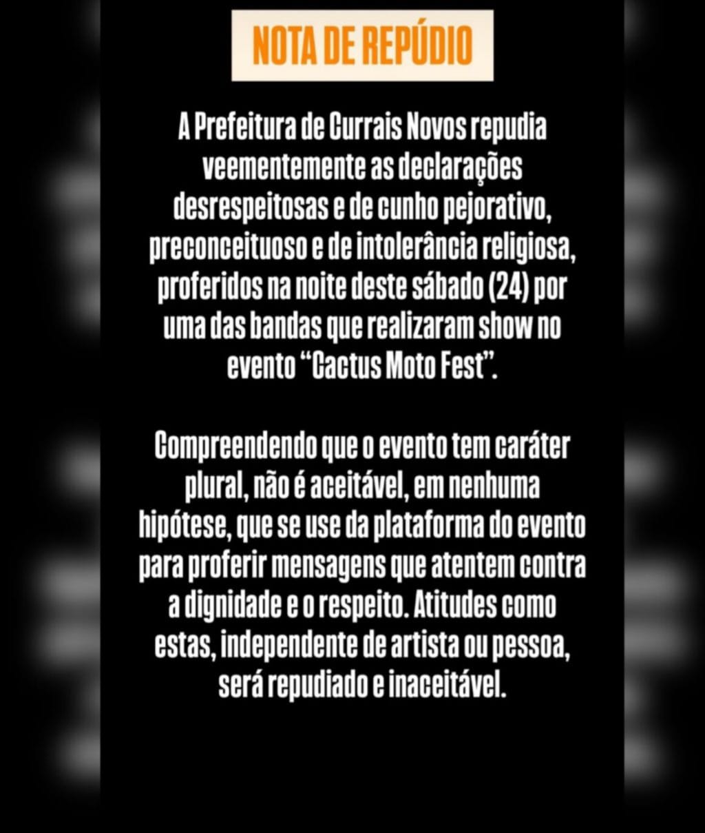 Prefeito Lucas Galvão repudia declarações ofensivas durante show da banda Camisa de Vênus no Cactus Moto Fest
