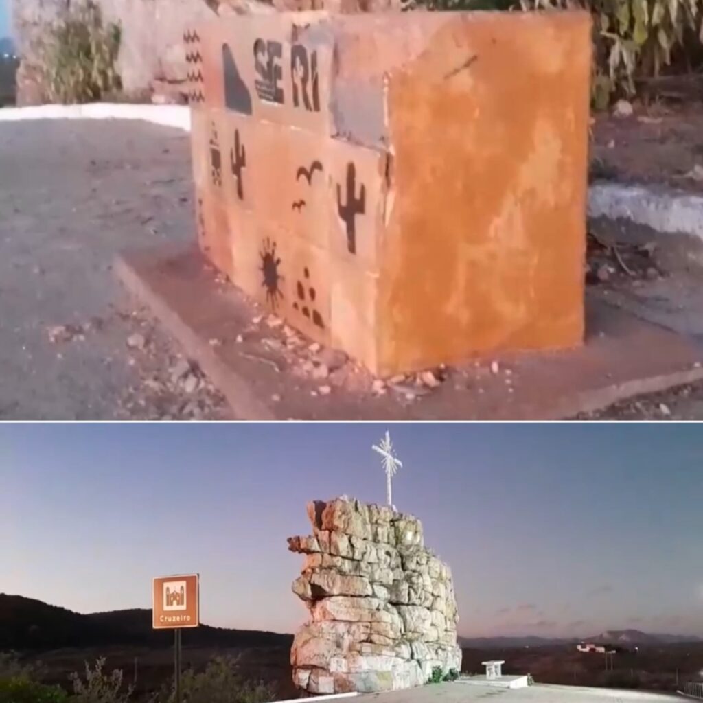 Totem de identificação do Geoparque Seridó que está sendo instalado na Pedra do Cruzeiro já apresenta sinais de vandalismo