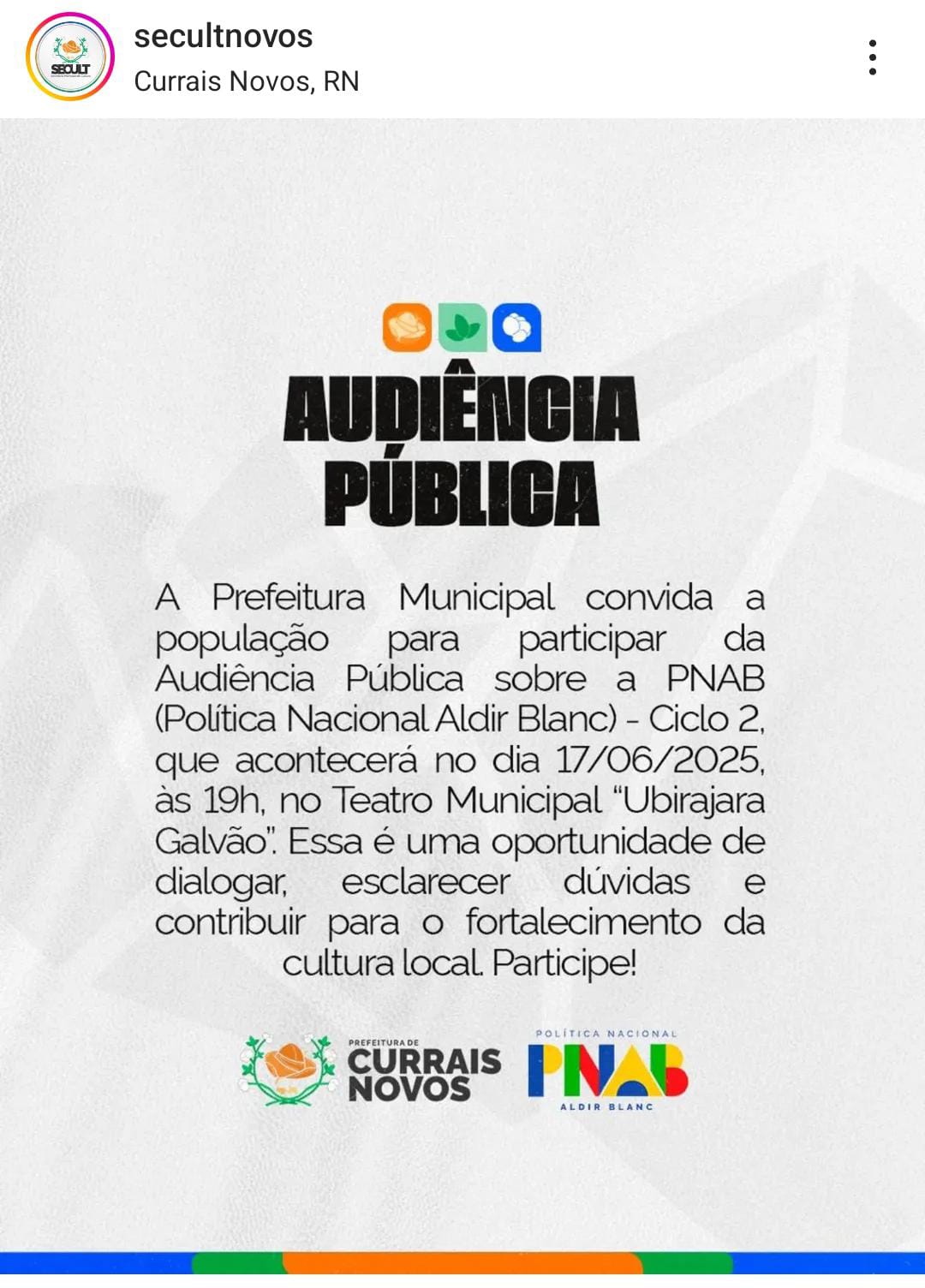 Currais Novos realizará Audiência Pública sobre a Política Nacional Aldir Blanc – Ciclo 2