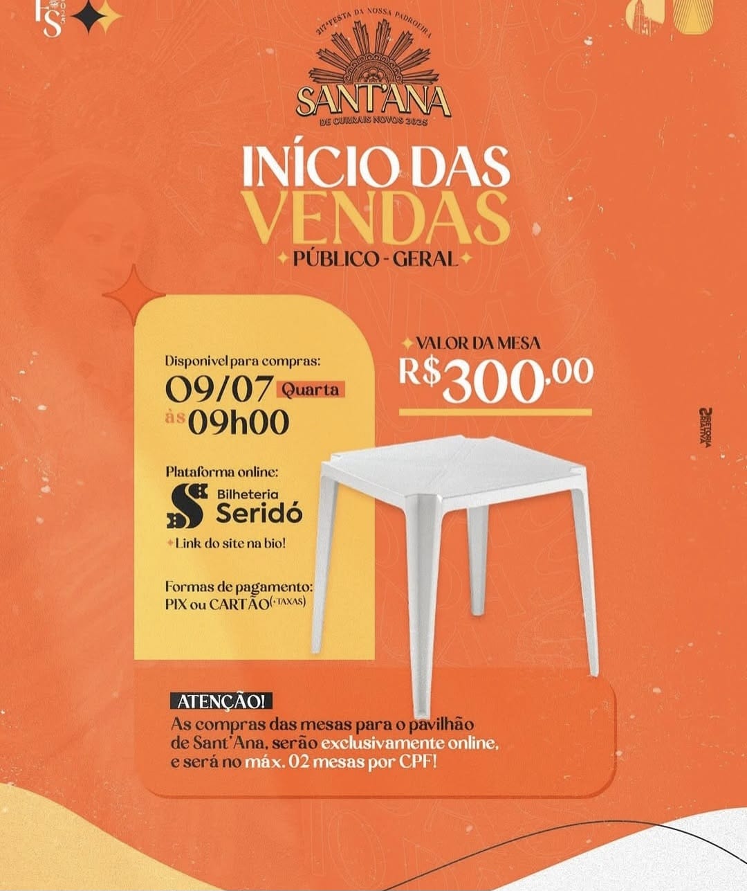 Vendas de Mesas para o Pavilhão de Sant’Ana 2025 Começam Nesta Quarta-feira em Currais Novos