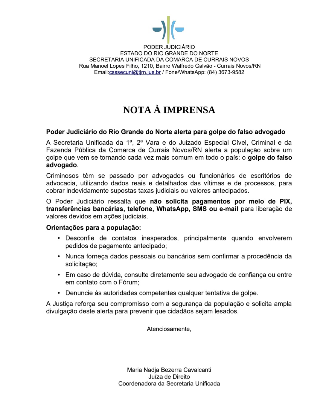 Poder Judiciário do RN alerta população sobre golpe do falso advogado em Currais Novos