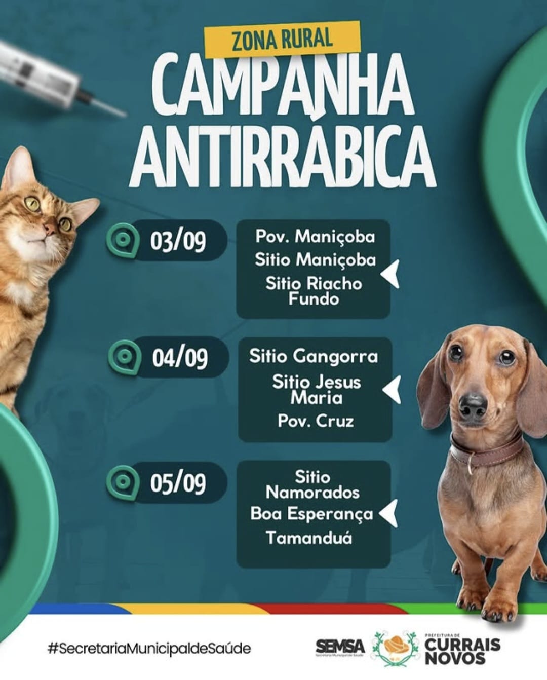 Vacinação Antirrábica chega à Zona Rural de Currais Novos nos dias 03, 04 e 05 de setembro