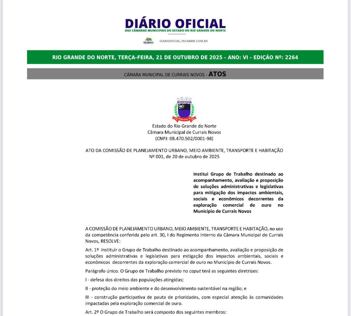 Comissão de Meio Ambiente da Câmara de Currais Novos institui Grupo de Trabalho para acompanhar impactos da exploração de ouro