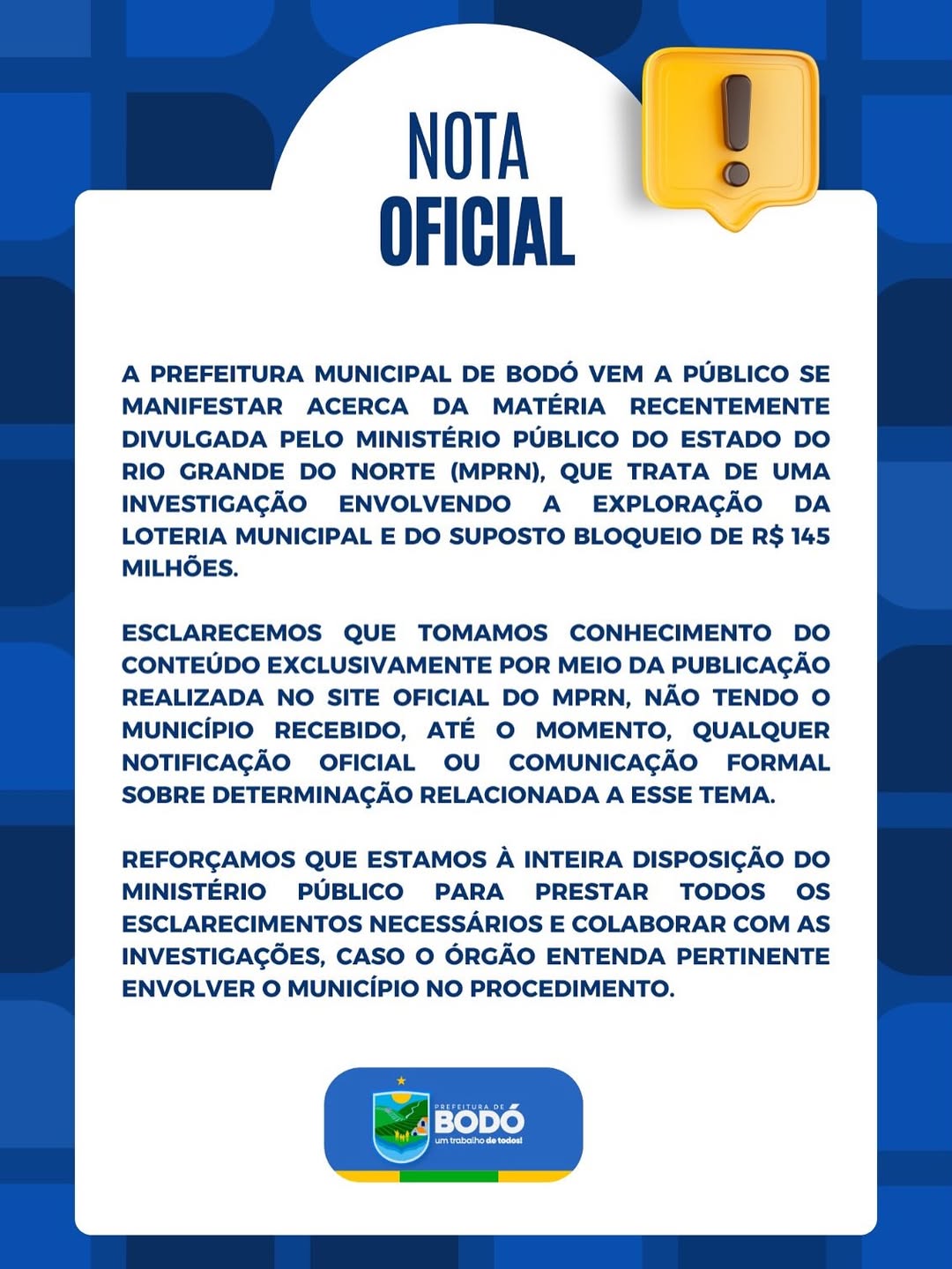 Prefeitura de Bodó emite notas oficiais sobre investigação envolvendo a Loteria Municipal