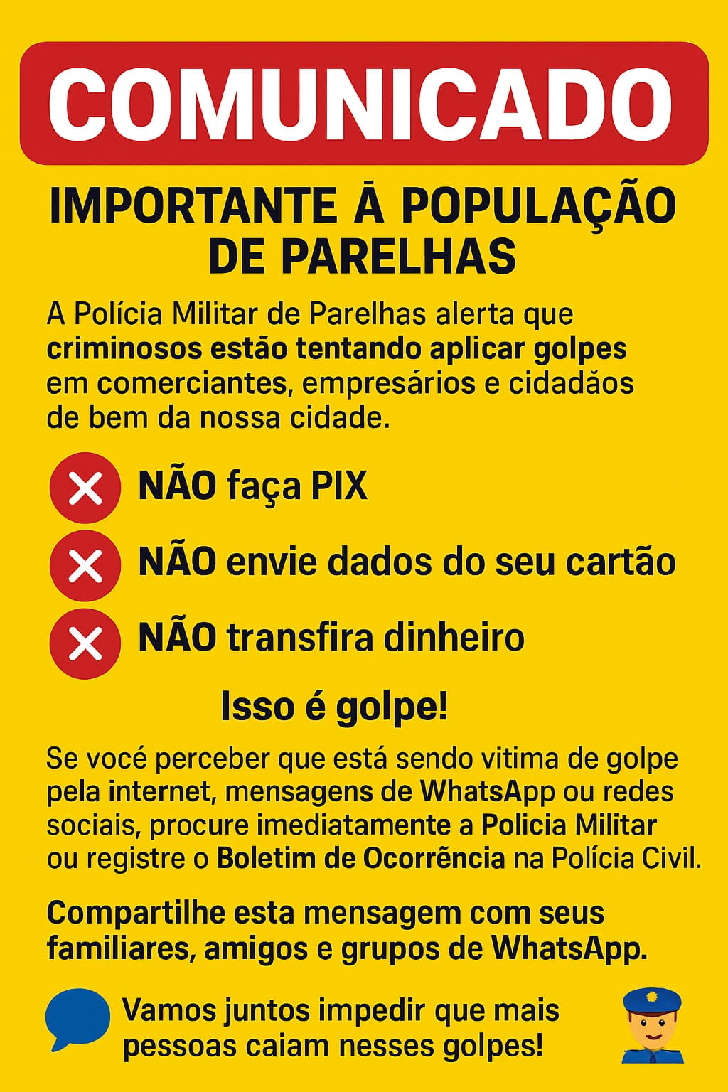 COMUNICADO IMPORTANTE À POPULAÇÃO DE PARELHAS E REGIÃO