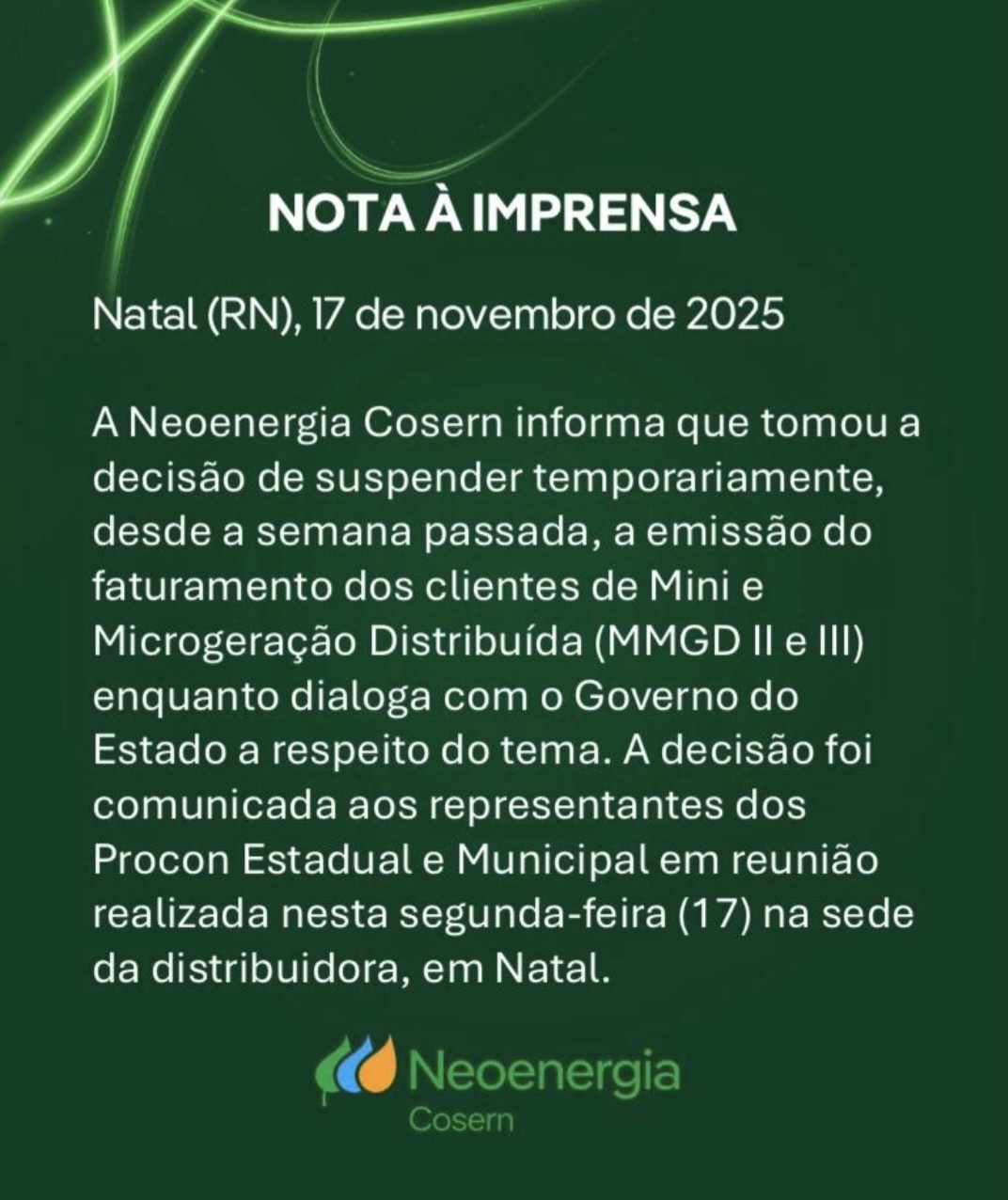 Cosern confirma suspensão de faturamento para os clientes de Mini e Microgeração Distribuída (MMGD II e III)