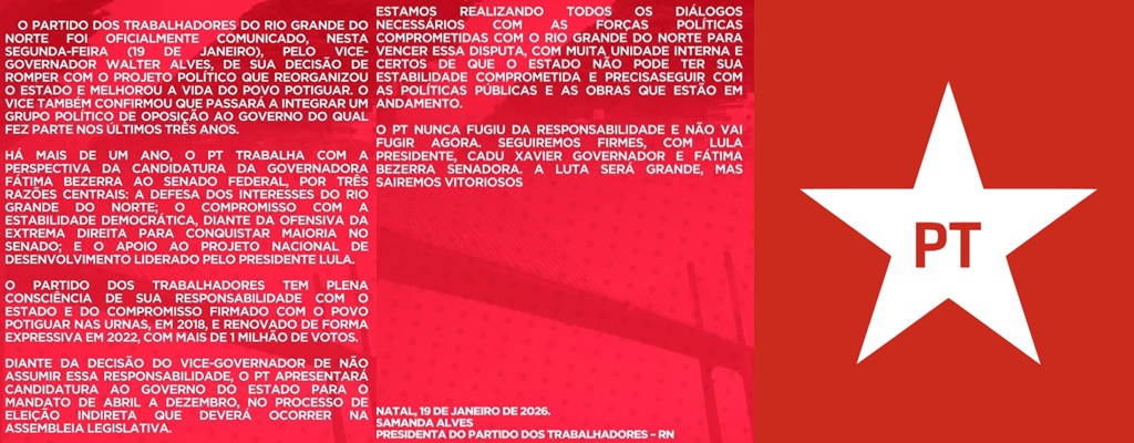 PT se posiciona após decisão de Walter Alves e anuncia candidatura ao Governo