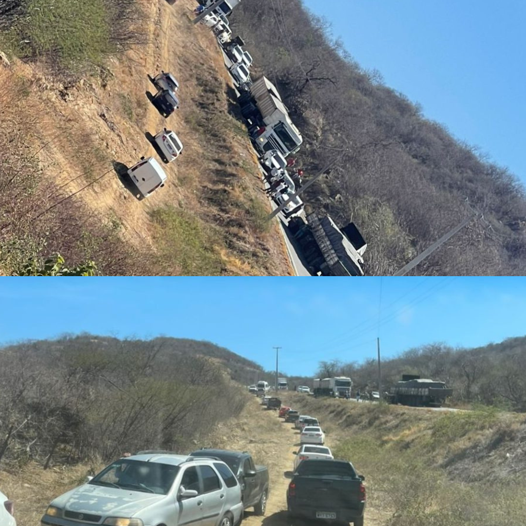 Carreta fica atravessada em ladeira e prejudica trânsito na BR-226 entre Currais Novos e São Vicente