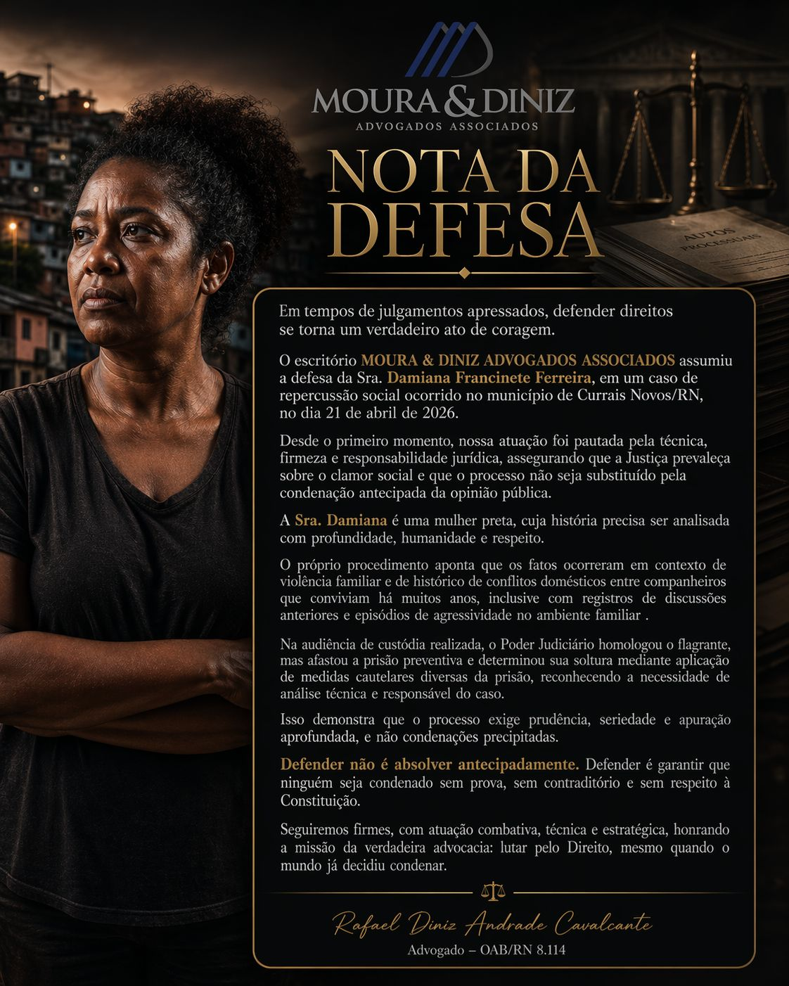 Nota de Defesa: Advogado assume caso de Damiana em investigação de homicídio e reforça presunção de inocência em Currais Novos