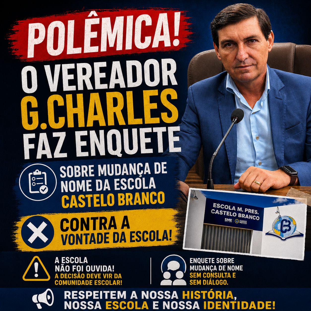 Vereador G Charles abre enquete para ouvir população sobre mudança de nome da Escola Municipal Presidente Castelo Branco