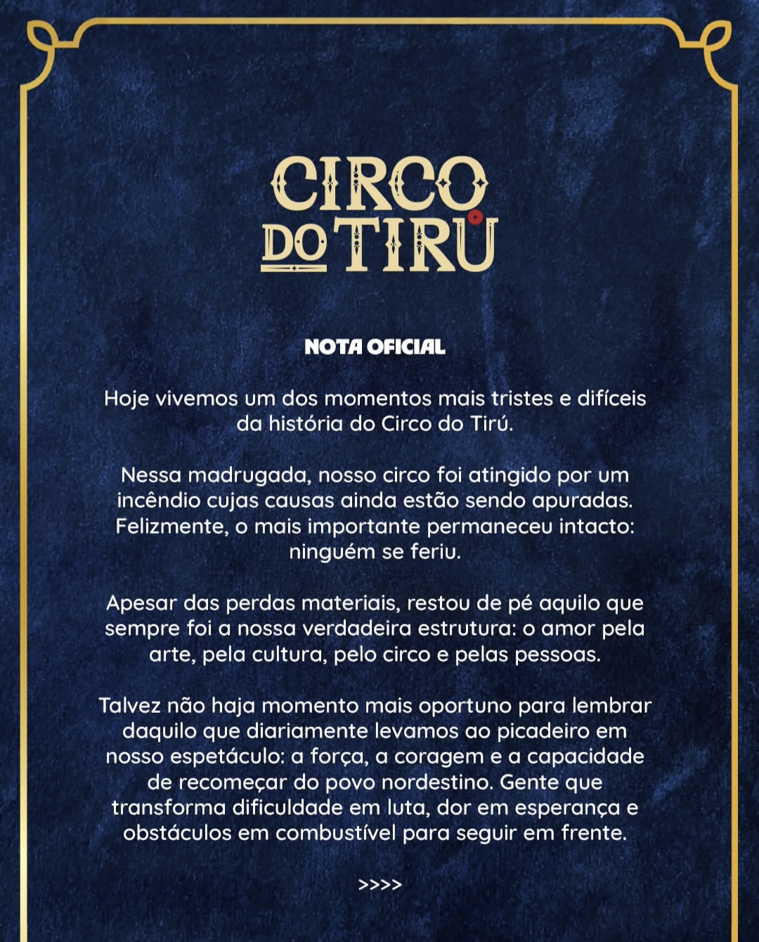 Circo do Tirú divulga nota oficial após incêndio destruir estrutura na madrugada desta segunda-feira