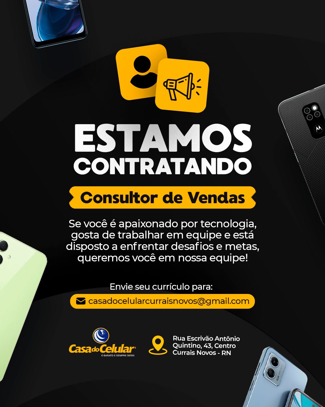 Oportunidade de emprego em Currais Novos: Casa do Celular abre vaga para Consultor de Vendas