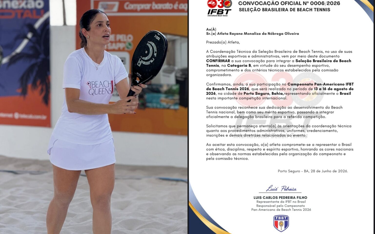 Atleta de Currais Novos é convocada para defender o Brasil no Pan-Americano de Beach Tennis 2026