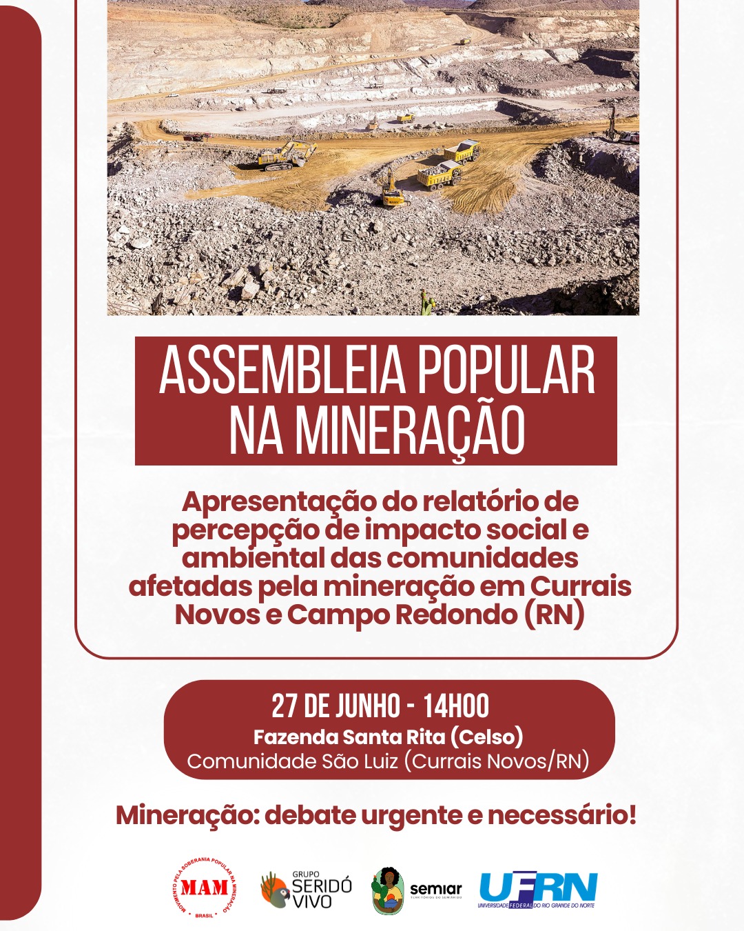 Assembleia Popular discutirá impactos da mineração em Currais Novos e Campo Redondo