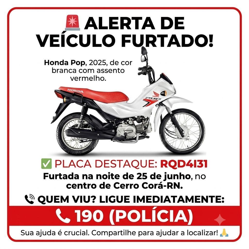 Moto é furtada no Centro de Cerro Corá; proprietário pede ajuda da população para localizar veículo