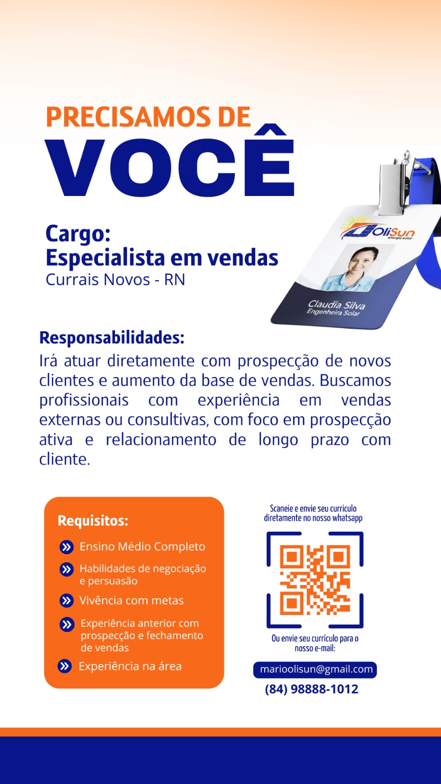 Olisun Energia Solar abre vaga para especialista em vendas em Currais Novos