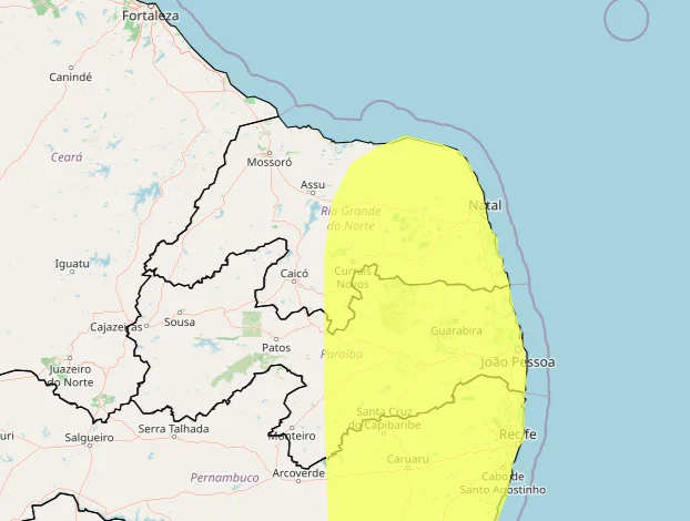 Inmet renova aviso de chuva e amplia abrangência para 100 cidades do RN até o fim deste sábado