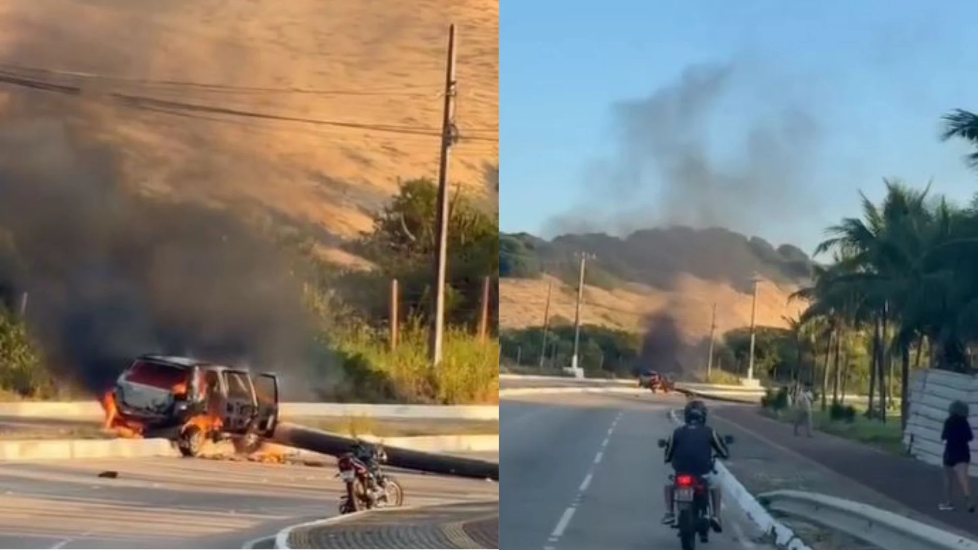Carro colide com poste e pega fogo na Via Costeira