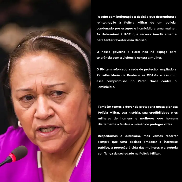 Fátima Bezerra determina que PGE recorra contra reintegração de PM condenado pela morte de Zaira Cruz