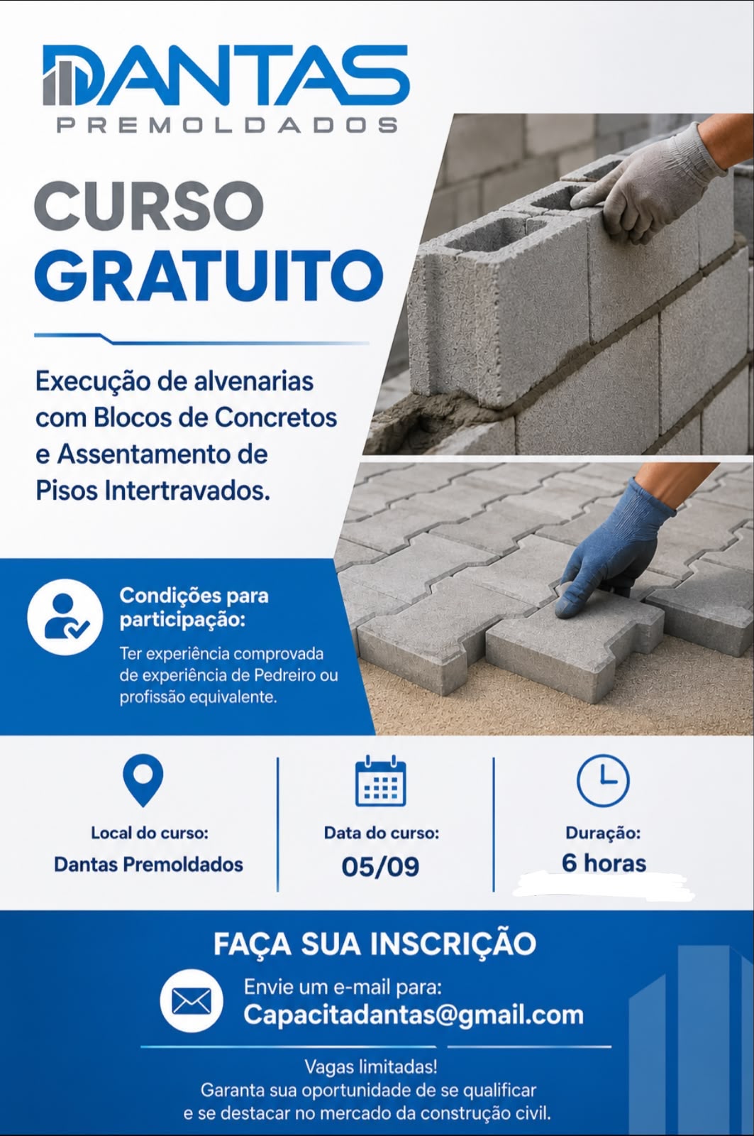 Dantas Premoldados promove curso gratuito de qualificação em alvenaria e pisos intertravados neste sábado (5)