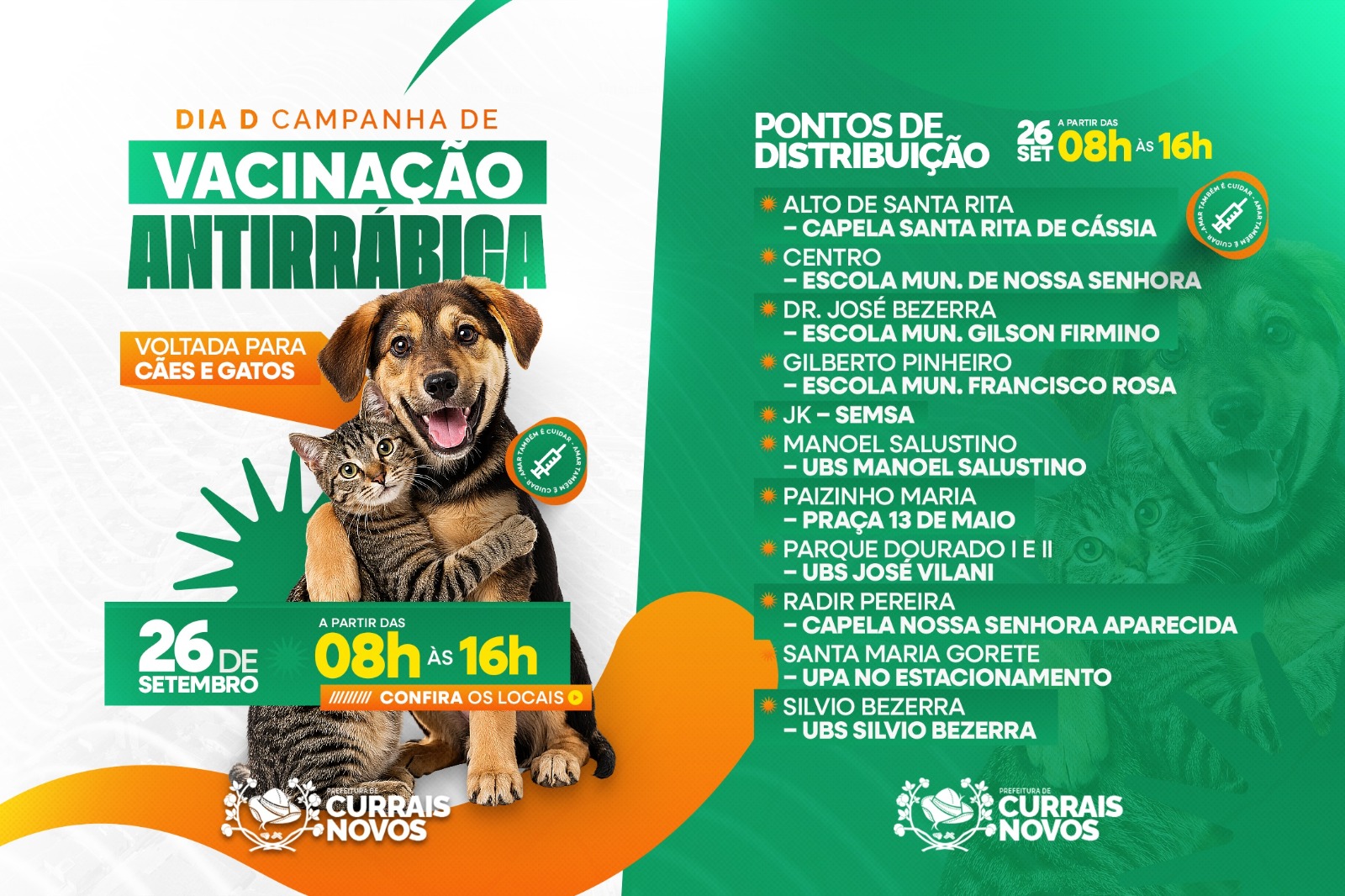 Saúde | Currais Novos realiza Dia “D” da vacinação antirrábica para cães e gatos no dia 26 de setembro